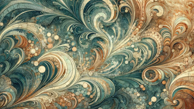 Background with a vintage aesthetic, blending complex swirls and curls in a harmonious array of earth tones and pastel hues
