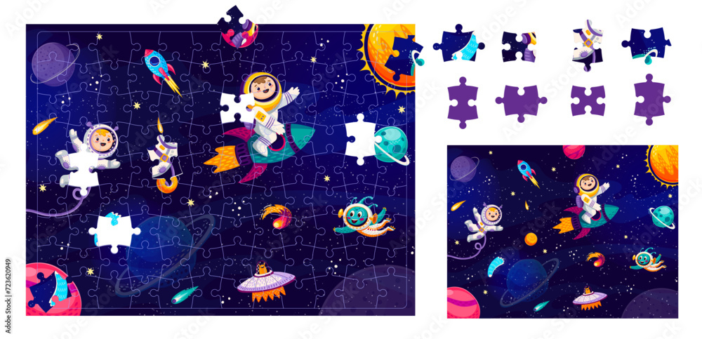 Poster Jigsaw puzzle game pieces. Cartoon astronaut and spaceman in outer space. Right fragment search quiz, puzzle game vector worksheet with kid and alien astronauts characters flying on rocket in galaxy