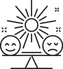 Balance. Psychological disorder problem, mental health icon. Psychotherapy problem line sign, human psychology or mental health outline vector icon with happy smiling and sad faces on balance swing