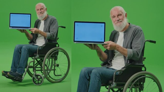 2-in-1 Split Green Screen Montage.Portrait of an Old Man in a Wheelchair with a Laptop with a Blue Screen Shows Thumb Up.Virtual Communication for the Elderly.Accessibility and Inclusivity for Seniors