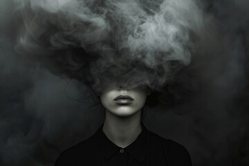 A haunting portrait of a woman engulfed in smoke, her face hidden in darkness as she grapples with the complexities of her identity - obrazy, fototapety, plakaty