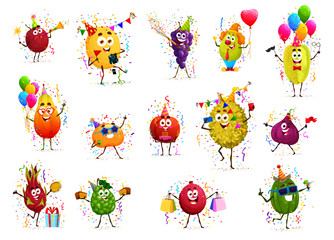 Cartoon cheerful fruit characters on birthday holiday anniversary. Kids birthday party guava, lemon, apple and orange, pear, banana isolated vector cute personages with balloons, gift and confetti