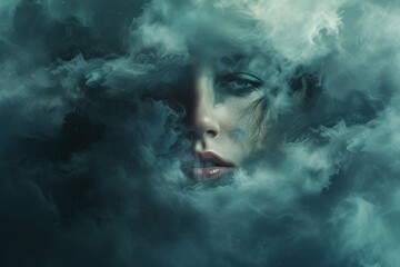 A hauntingly beautiful portrait of a woman submerged in an underwater world, her face shrouded in swirling clouds of smoke, evoking a sense of mystery and intrigue