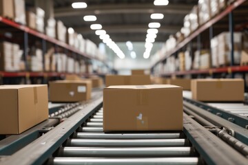 A bustling warehouse scene unfolds as cardboard boxes move seamlessly along a conveyor belt, illustrating the efficiency and organization of modern logistics and distribution processes. - obrazy, fototapety, plakaty