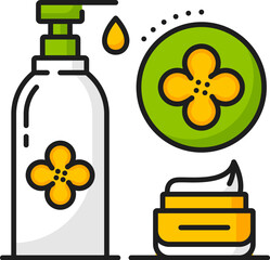 Rapeseed, canola oil cosmetics icon, isolated vector linear sign of beauty cream jar and pump bottle, showcasing its elegance and simplicity, representing cosmetic product quality and modern aesthetic