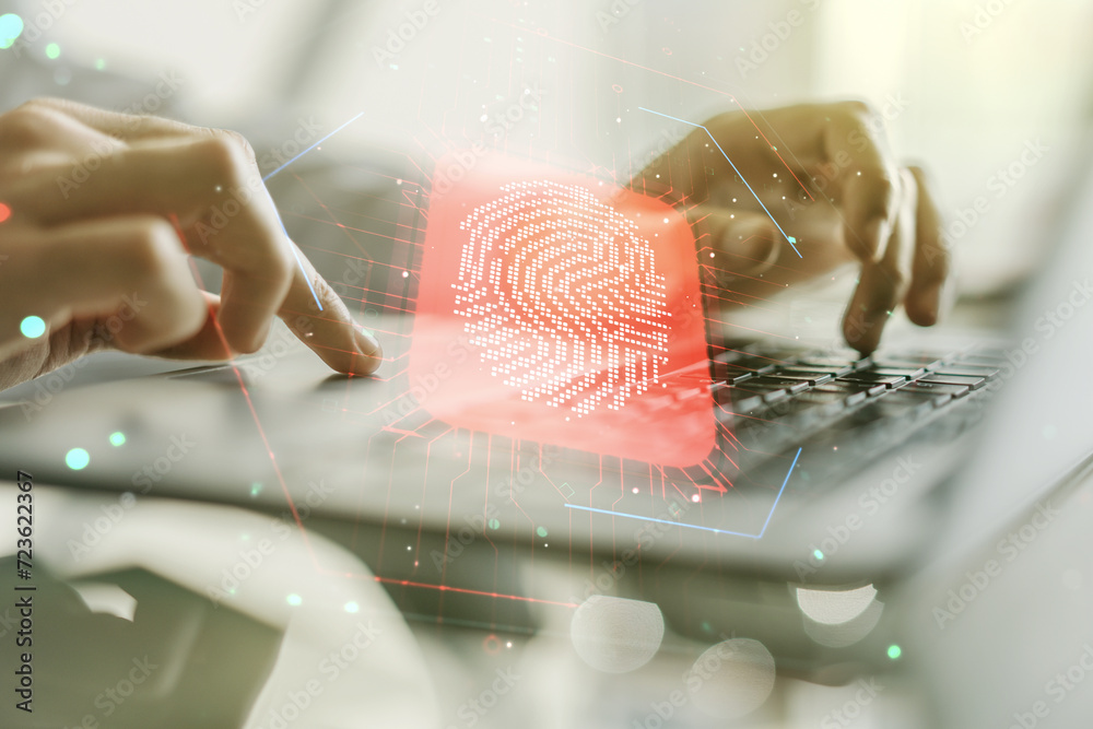 Aufkleber multi exposure of creative fingerprint hologram with hands typing on computer keyboard on background