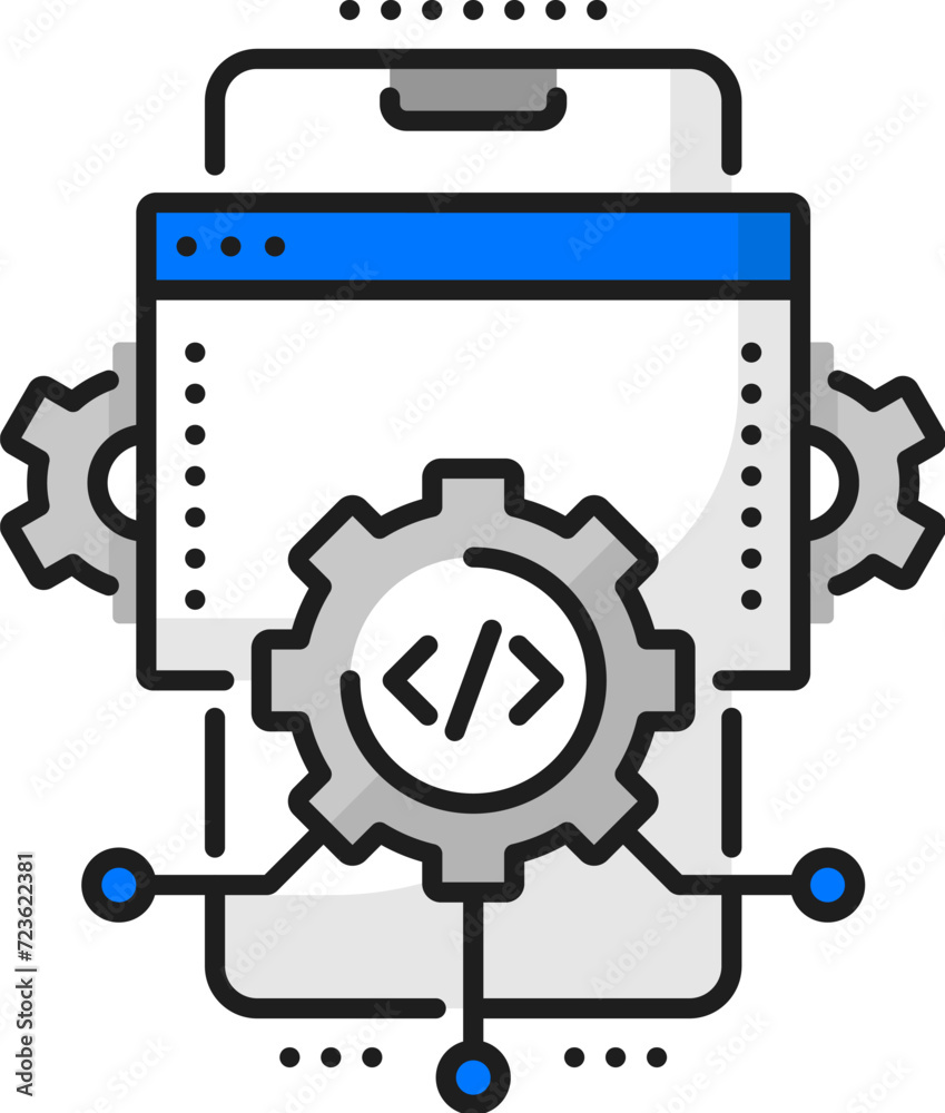Aufkleber Mobile application coding, cellphone app optimization, web software develop thin line icon. Web application building, mobile software development outline vector pictogram with phone and cog wheels