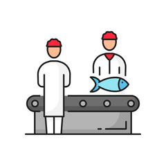 Fishing industry factory conveyor line icon. Seafood manufacture facility, fishing industry technology or equipment line vector symbol. Factory workers processing fish on conveyor outline pictogram