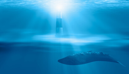 Beautiful whale underwater in the wild with lighthouse - Underwater world and life, concept