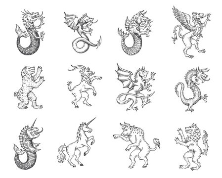 Medieval heraldic animals and monsters sketch, vector fantasy heraldry symbols. Fantastic animals, eagle lion or griffin, unicorn and dragon with eagle wings or fish tail, rampant lion, bear and goat
