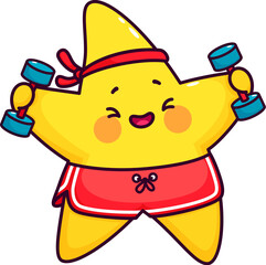 Cartoon cute funny kawaii star and twinkle character donning a fitness headband and shorts, cheerfully lifts dumbbells in a cosmic workout. Isolated vector celestial toon personage glow with energy