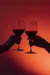 Two glasses with red wine in the hands of people on a dark red background. Wine on the dark.