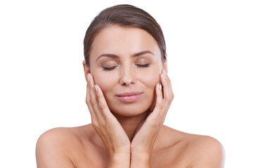 Fototapeta premium Woman, hands and eyes closed with beauty, skincare and cosmetics with hair, confident and face. Skin, female person and glow with makeup, studio and model for cosmetology, dermatology and beautiful