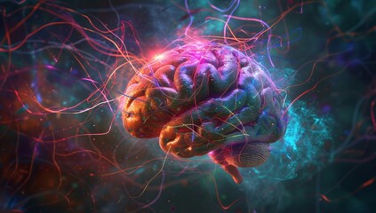 A mesmerizing blend of fractal art and technology, this vibrant brain pulsates with creative energy as its wires connect to the world