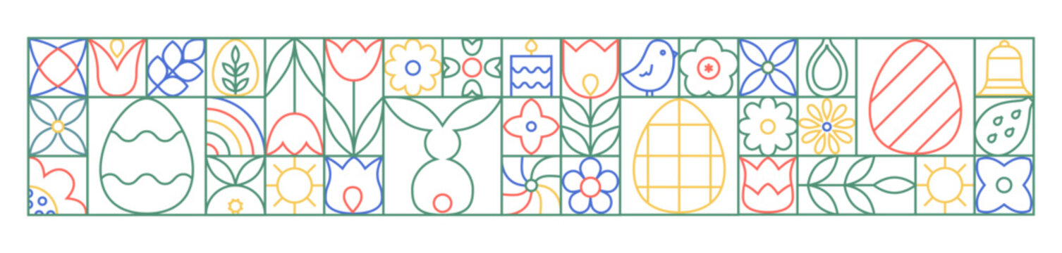 Abstract easter geometric linear border.  Spring outline vector poster with easter elements.