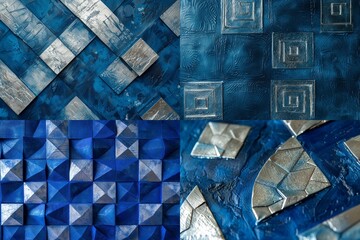 Indigo blue square with a metallic sheen, featuring embossed silver geometric shapes