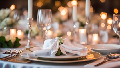 wedding table setting with candles - obrazy, fototapety, plakaty
