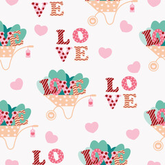 cute pink valentine love heart in wheelbarrow  seamless pattern vector illustration for  invitation greeting birthday party celebration wedding card poster banner textiles wallpaper background