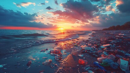 An impressionist painting of a littered beach with a striking sunset reflecting on the tide - obrazy, fototapety, plakaty