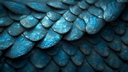 Macro shot of vibrant blue dragon scales with water droplets, showcasing intricate textures and patterns. - obrazy, fototapety, plakaty