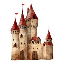 Watercolor illustration of red medieval castle isolated on background. Nursery art clipart, PNG Transparent background