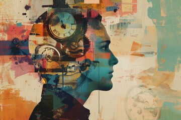 A contemporary portrait of time, encapsulated in a man's profile adorned with intricate clock faces, showcasing the fusion of art and modernism in the realm of visual arts
