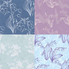 Seamless floral patterns with spring flowers Lily of the valley. Vector floral prints