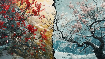 Seasonal Transition: Vibrant Red Autumn Leaves and Delicate Pink Spring Blossoms Amidst Snowfall in a Mountainous Landscape