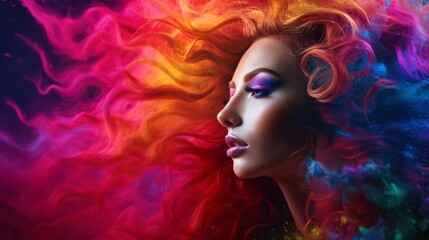 portrait of a woman in a mask,beautiful girl with hair in LGBT colors