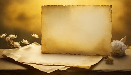 old paper on wood.Antique paper set against a softly lit yellow backdrop, portraying the delicate frayed edges and intricate textures. Employ a sepia-toned art style to enhance the vintage aesthetic o
