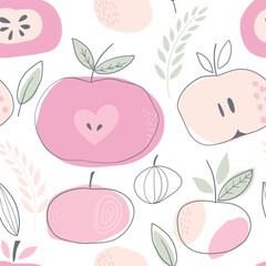 vector seamless pattern with clipping mask. Apples, leaves, fruits. - 723625196