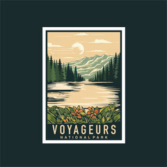 Emblem sticker patch logo illustration of Voyageurs National Park on dark background, lake and canoe vector badge