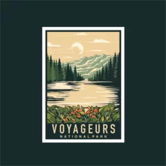 Foto op Canvas Emblem sticker patch logo illustration of Voyageurs National Park on dark background, lake and canoe vector badge © Ideapaad