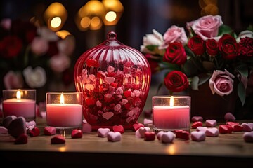 Romantic Valentine's Day Table Setting with Decorations and Candles in a Cozy Restaurant