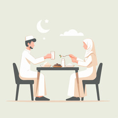 flat vector illustration of people breaking the fast. simple and minimalist design.  Illustration of Muslim families are breaking the fast together