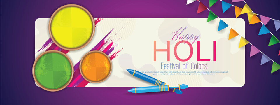 Happy holi festival vector illustration banner template with holi powder color bowls on multicolor background.