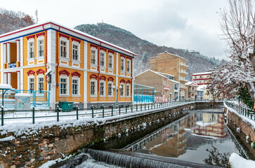 City of Florina and Sakoulevas river. Τhe beautiful city of north Greece with neoclassical buildings and the outstanding natural landscape.