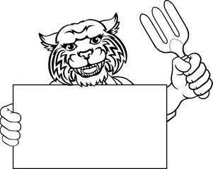 A gardener, farmer or handyman wildcat cartoon mascot man holding a gardening tool