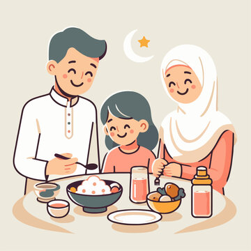 flat vector illustration of people breaking the fast. simple and minimalist design.  Illustration of Muslim families are breaking the fast together