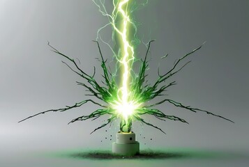A green electric thunder sparks in plain white background from Generative AI