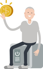 Man Character Sitting on Safe and Holding Dollar Coin
