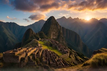 Crédence de cuisine en verre imprimé Machu Picchu Serene Machu Picchu Sunrise  Aerial drone shots capturing the tranquil sunrise over Machu Picchu
