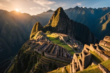 Serene Machu Picchu Sunrise  Aerial drone shots capturing the tranquil sunrise over Machu Picchu