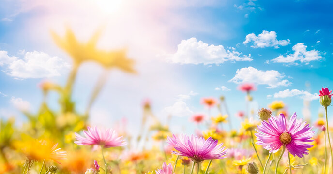 Colorful flower meadow with sunbeams and blue sky