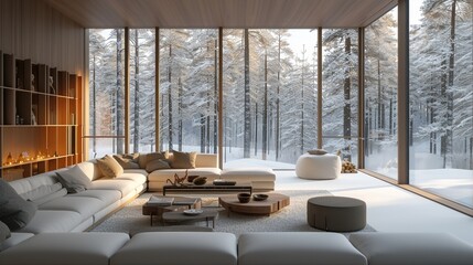 A minimalist Scandinavian living room with floor-to-ceiling windows
