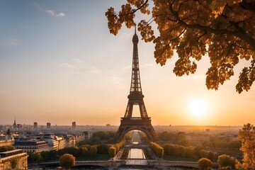 Obraz premium Sunrise Over the Eiffel TowerAerial drone photography capturing the iconic Eiffel Tower at sunrise