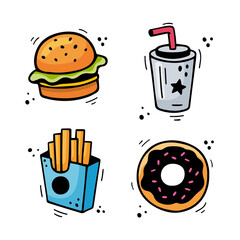 Fast food icons set - Hamburger, French fries, drink, chocolate donut. Hand drawn fast food combination. Comic doodle sketch style. Colorful snacks drawn with felt tip pen. Vector illustration