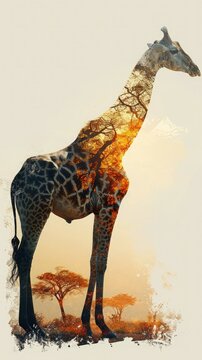 Full length giraffe silhouette with double exposure of African savannah at sunset. Safapri in Africa. The acceptability of extermination and killing of animals.
