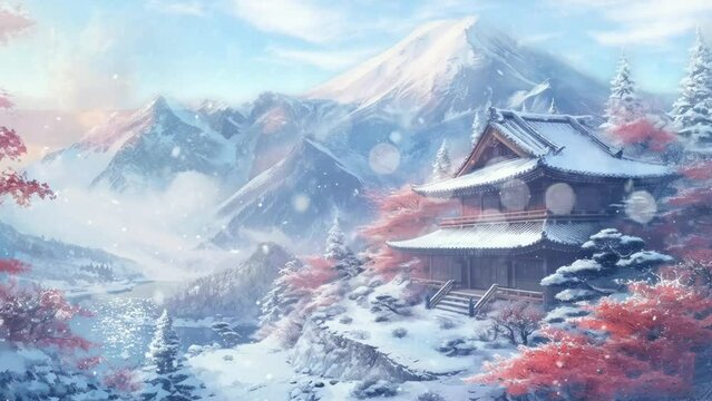 Beautiful Winter Scenery in Asian Countries, Such as Japan, Korea and China. Cartoon or Anime Illustration Style. Seamless Looping 4K Time-Lapse  Video Animation Background