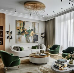 Luxury classic interior of living room with green armchairs
